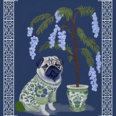 Chinoiserie Pug and Cherry Blossom On Blue