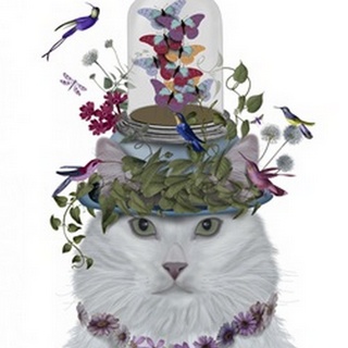 Cat, White with Butterfly bell jar