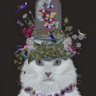 Cat, White with Butterfly bell jar, on black