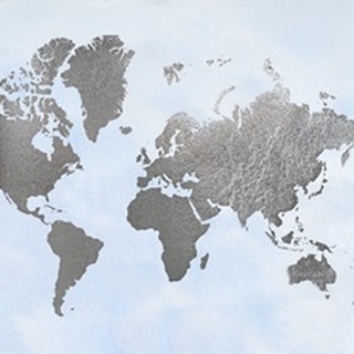 Silver Foil World Map on Blue
