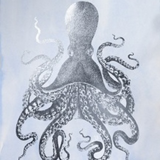 Silver Foil Octopus II on Blue Wash