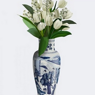 Chinoiserie Tulips White, Hyacinth White, Blue Vase