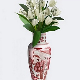 Chinoiserie Tulips White, Hyacinth White, Red Vase
