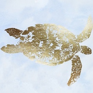 Gold Foil Sea Turtle I on Blue Wash