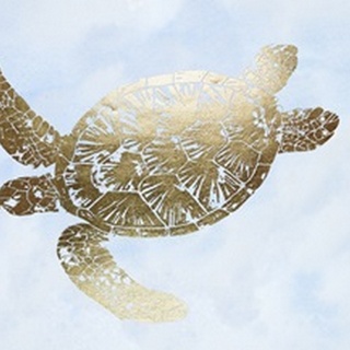 Gold Foil Sea Turtle II on Blue Wash