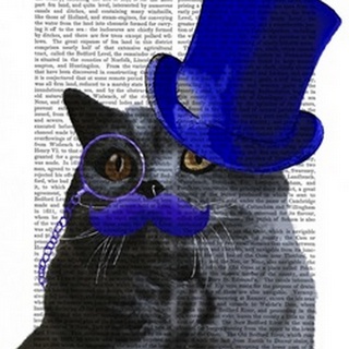 Grey Cat With Blue Top Hat and Blue Moustache