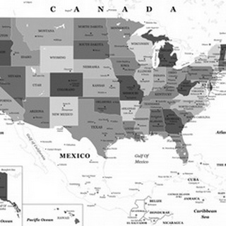 US Map - Black and White, Classic Text